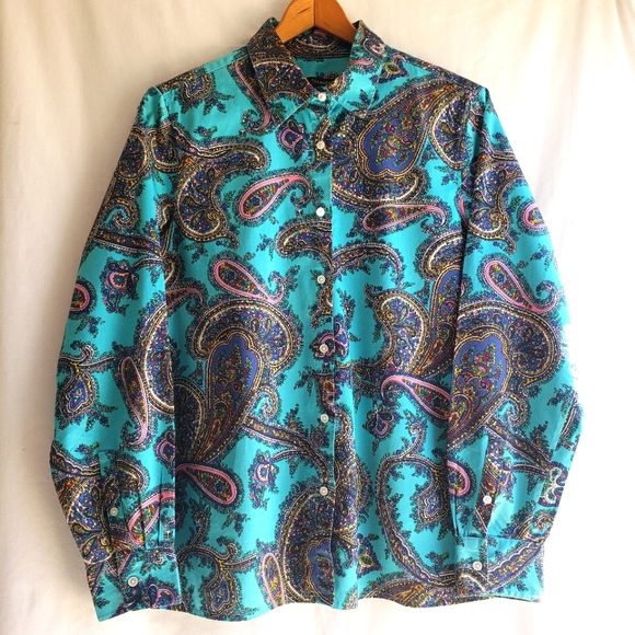 TALBOTS Blue Turquoise Paisley Super Cute Long Sleeve Button Down Blouse… - Picture 1 of 6